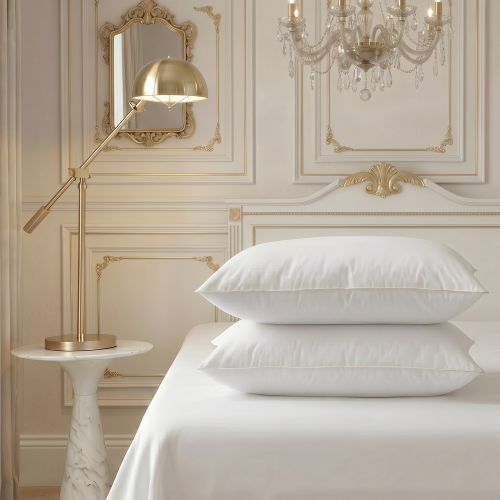 Two white Hotel Luxus large pillows stacked in an ornate bedroom