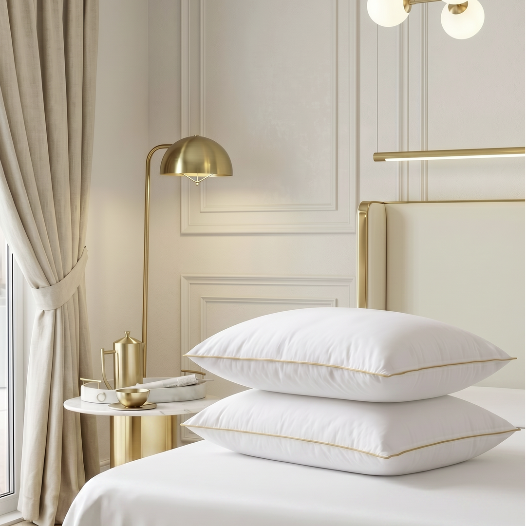 Two white Hotel Luxus large pillows with gold piping stacked on a bed