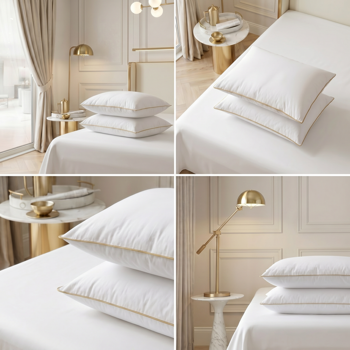 Collage of white Hotel Luxus large pillows and their gold piping