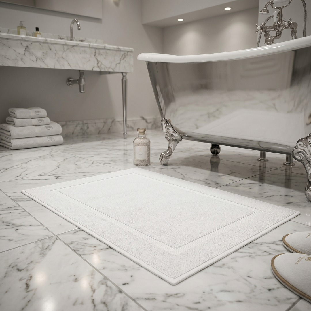 White Hotel Luxus bath mat on a marble floor beside a freestanding bathtub