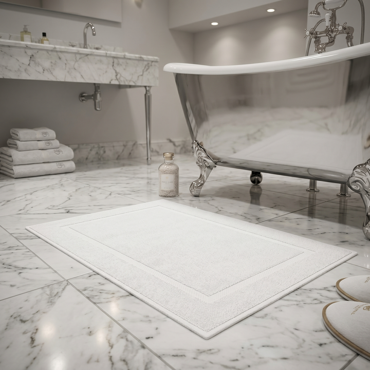 White Hotel Luxus bath mat on a marble floor beside a freestanding bathtub