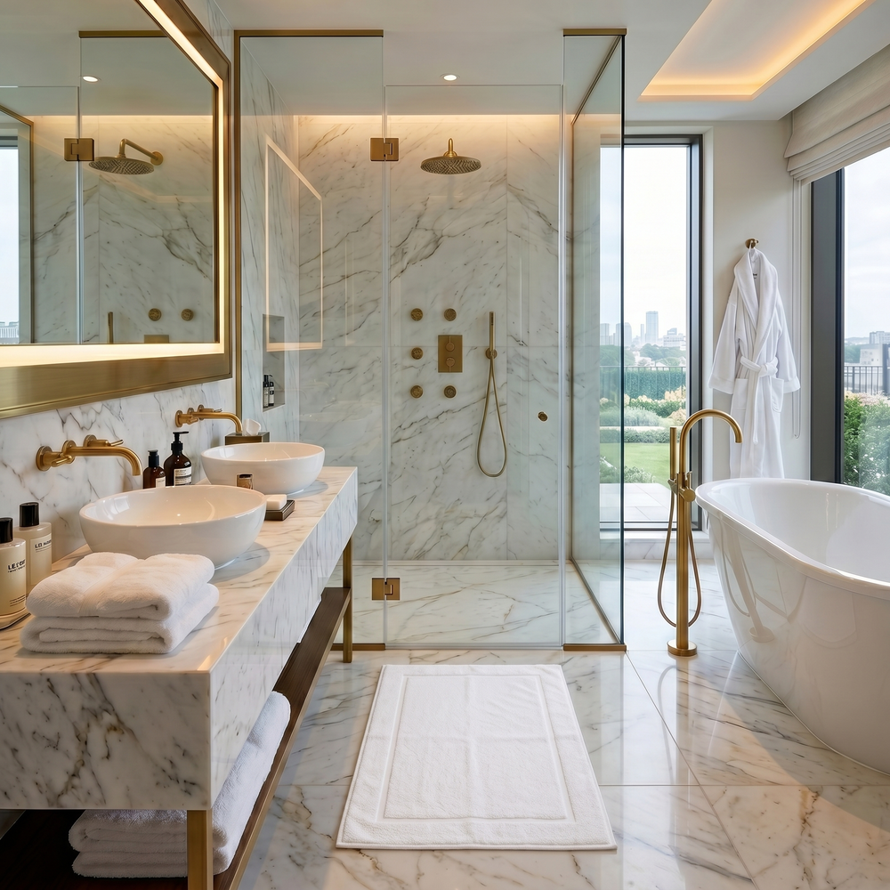 White Hotel Luxus bath mat on the floor beside a shower and washbasins