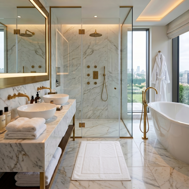White Hotel Luxus bath mat on the floor beside a shower and washbasins