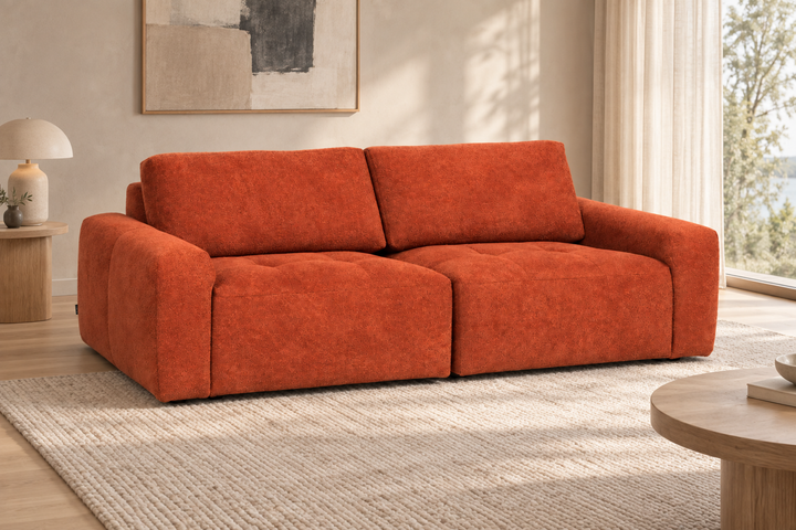 Brick-red Hotel Luxus Madele 1 sofa in a light living room, with two seat cushions, two back cushions and rounded armrests. Interior visualisation.