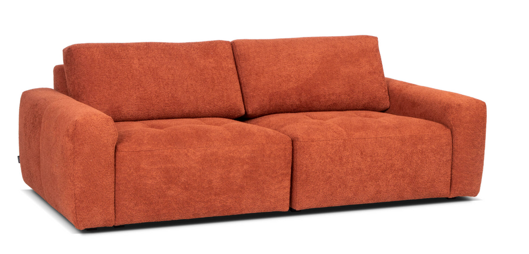 Orange-red Madele sofa from the front at an angle with two seats and wide armrests