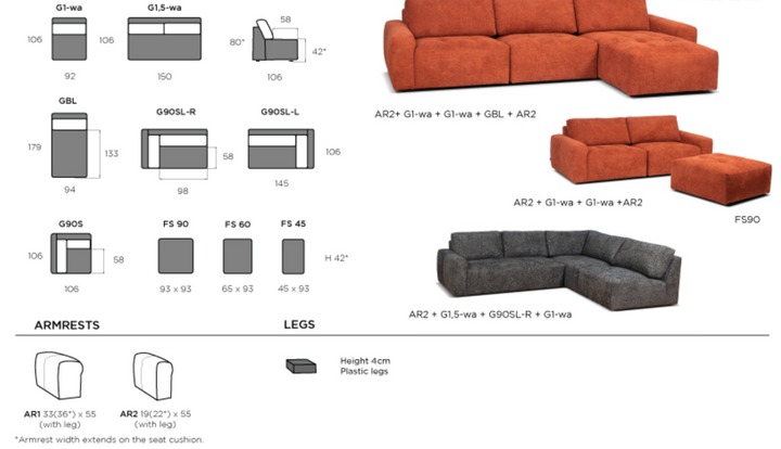 Madele modular sofa dimensions in cm: seats 92/150 × 106; chaise 94 × 179; corner 106 × 106; ottomans 93 × 93, 65 × 93 and 45 × 93. Height about 80, seat height about 42, seat depth 58. Two armrest styles