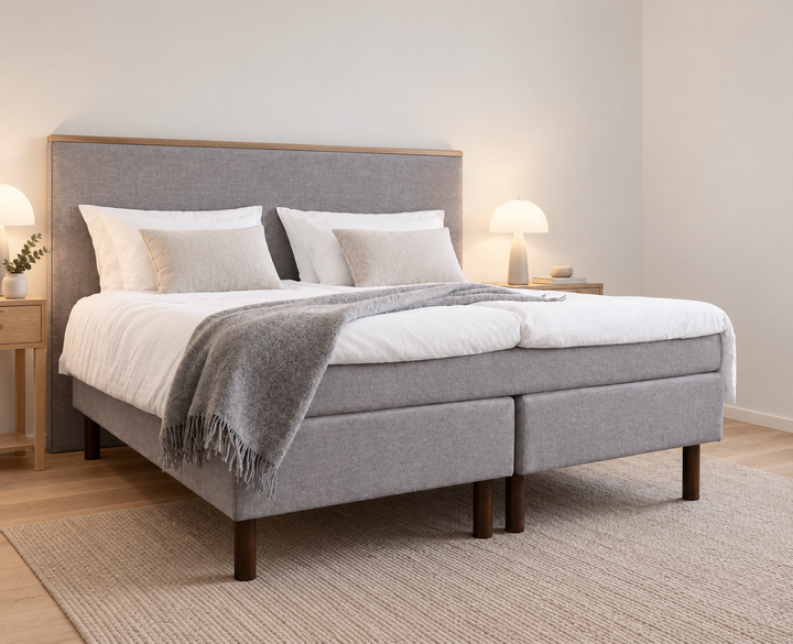 Joustinpatja Hotel Luxus pocket, Vogue 14 harmaa, sänkykokonaisuudessa modernissa valkoisessa makuuhuoneessa. Sisustushavainnekuva.