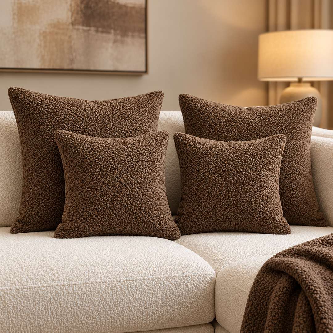 Four brown Hotel Luxus scatter cushions with a textured surface on a light sofa.