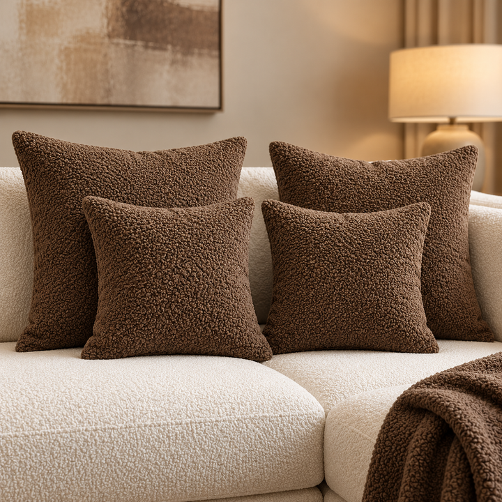 Four brown Hotel Luxus scatter cushions with a textured surface on a light sofa.