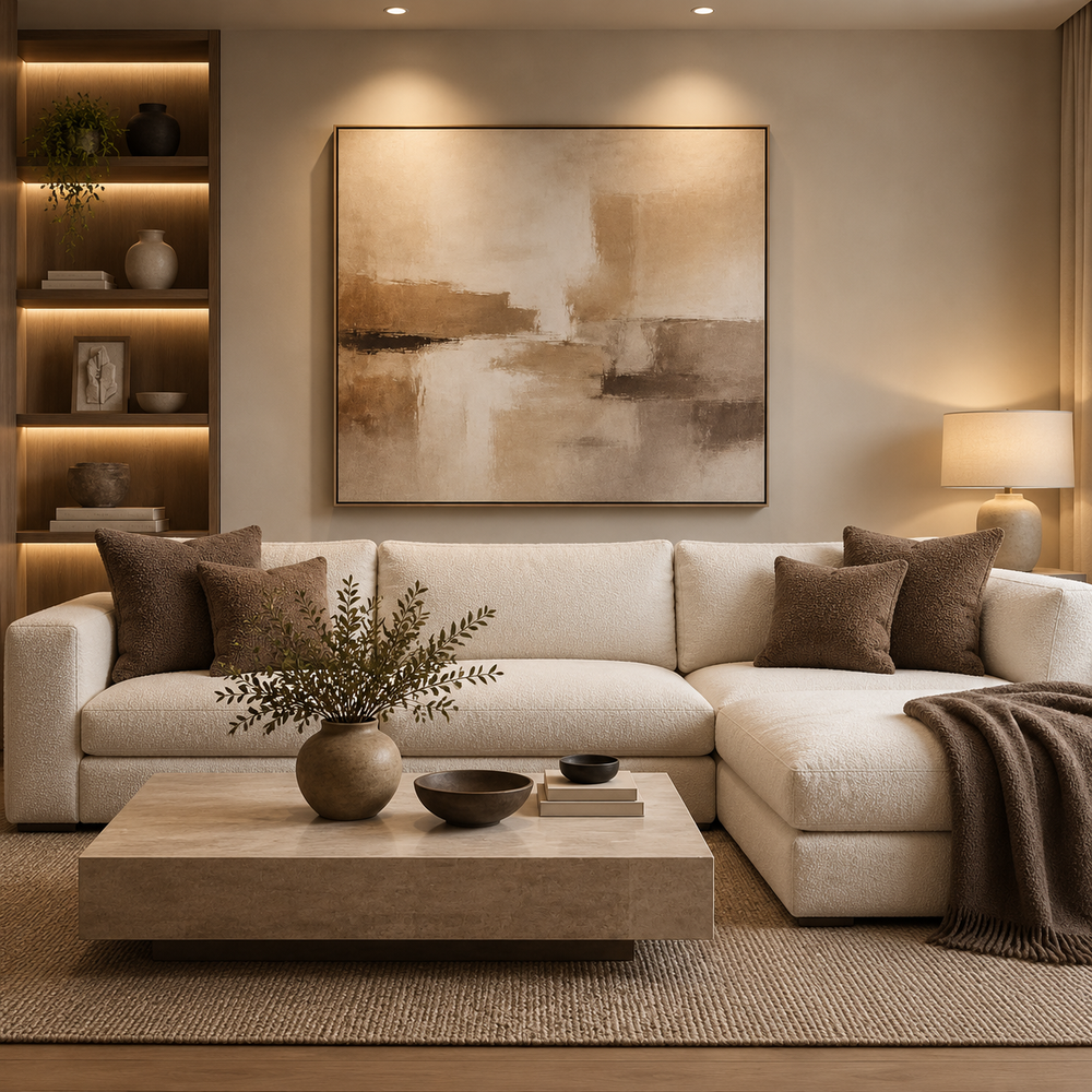 Brown Hotel Luxus scatter cushions at both ends of a light corner sofa in a warmly lit living room.