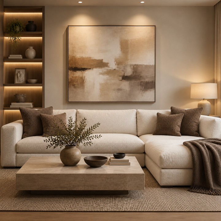 Brown Hotel Luxus scatter cushions at both ends of a light corner sofa in a warmly lit living room.