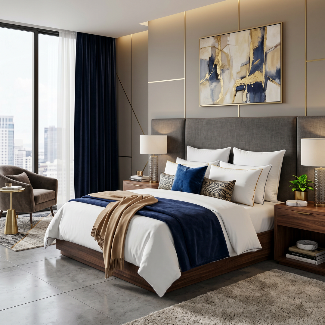 White pillows and a dark blue throw on a hotel room bed