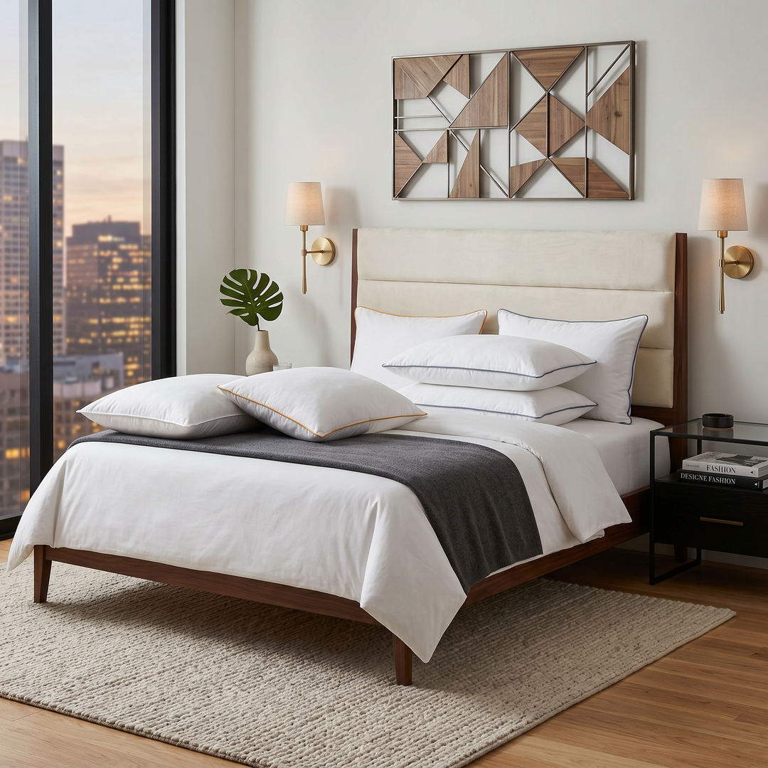 White pillows and a dark throw on a bed with a city view behind