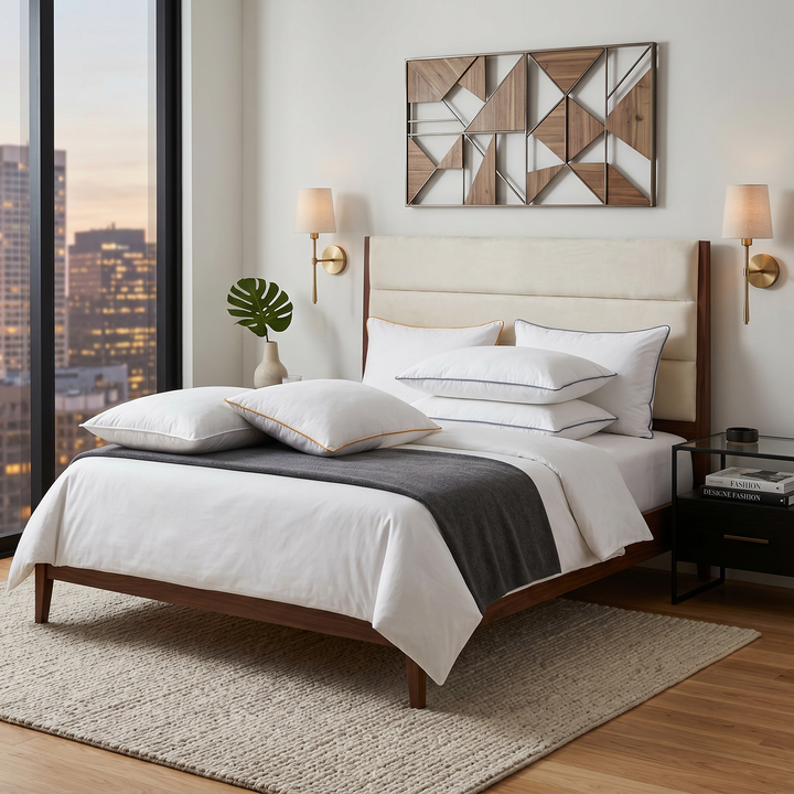 White pillows and a dark throw on a bed with a city view behind