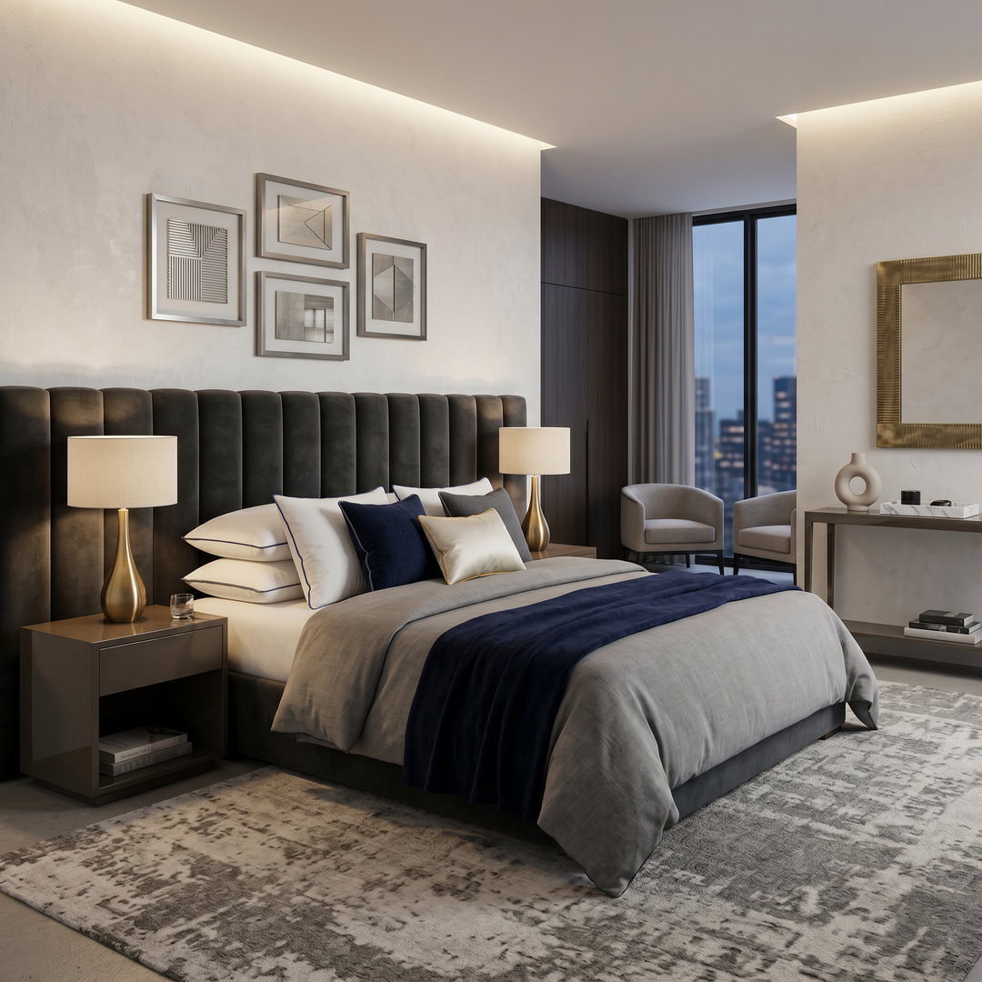 White pillows and blue decorative cushions on a double bed in a hotel room