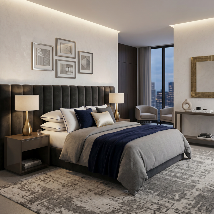 White pillows and blue decorative cushions on a double bed in a hotel room