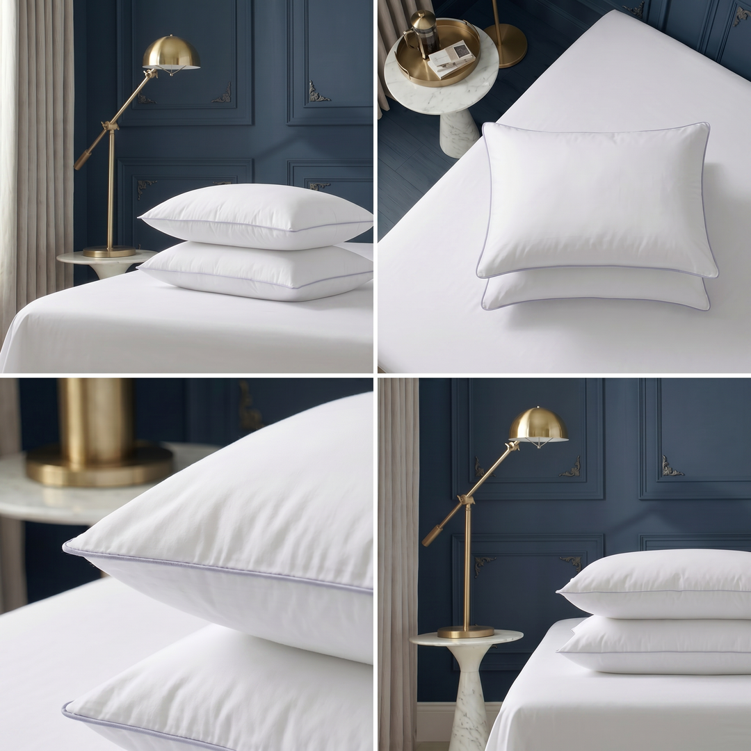 Four-image collage of white Hotel Luxus pillows and their edges