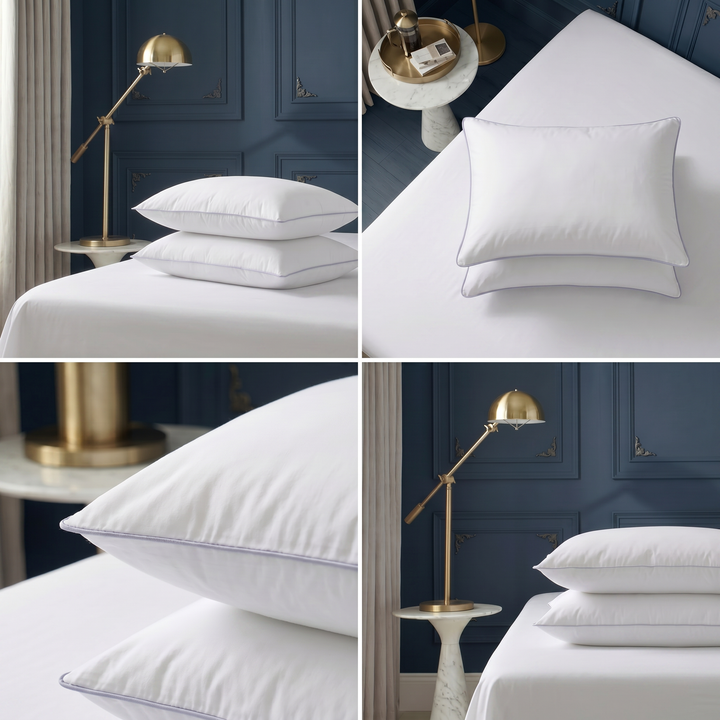 Four-image collage of white Hotel Luxus pillows and their edges