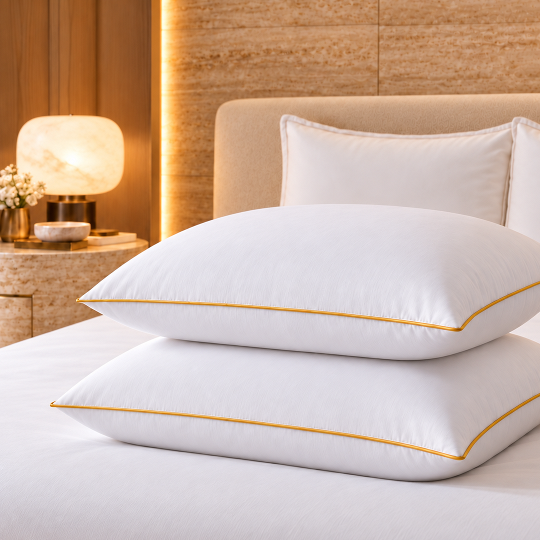 Kaksi Hotel Luxus extra-korkeaa tyynyä 50x60 cm 1300 g valkoisella vuoteella, kultaiset reunatereet.