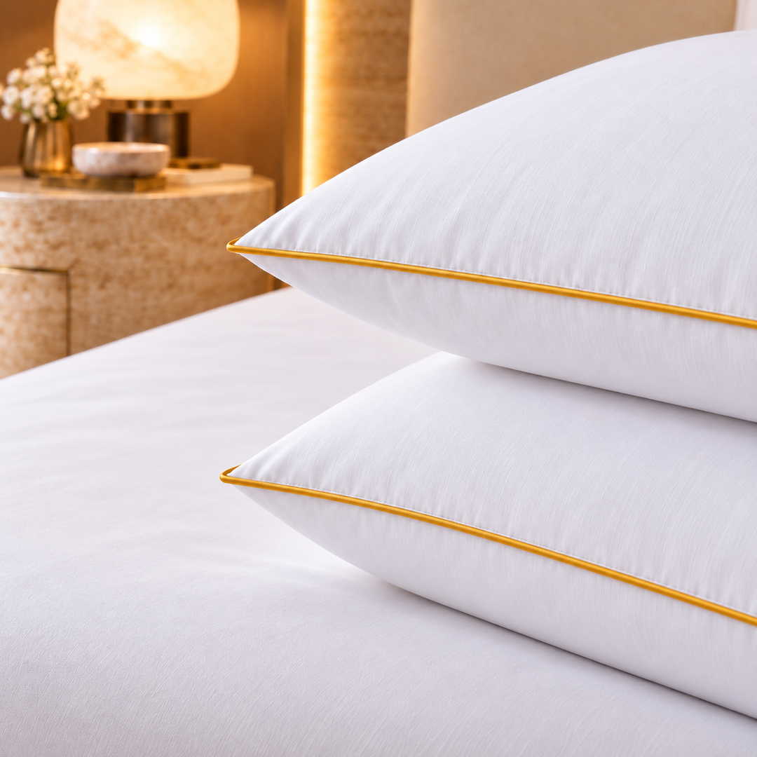 Hotel Luxus extra-korkean 1300 g tyynyn kultainen reunatere ja valkoinen kangas lähikuvassa.