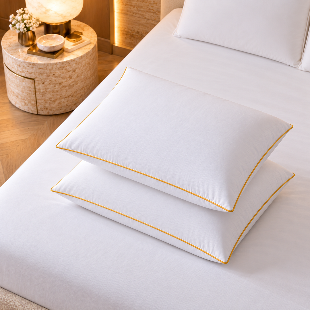 Kaksi Hotel Luxus 1300 g tyynyä yläviistosta kuvattuna valkoisella vuoteella, kultaiset reunatereet.