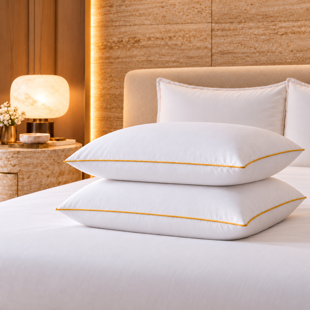 Hotel Luxus 1300 g tyynypari sivulta kuvattuna modernissa makuuhuoneessa, kultaiset reunatereet.