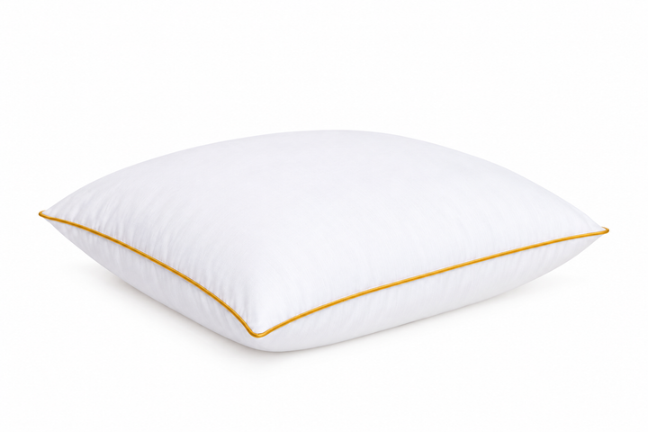 Hotel Luxus extra-korkea tyyny 50x60 cm 1300 g viistosti valkoisella taustalla, kultainen tere.