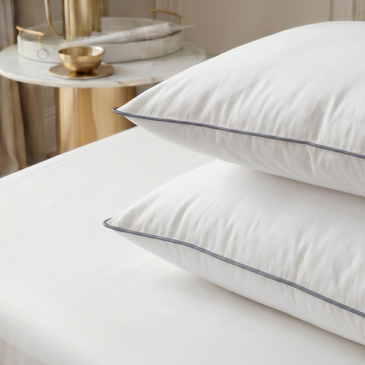 Close-up of the grey piping on high-profile Hotel Luxus pillows