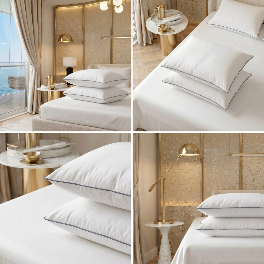 Collage of high-profile Hotel Luxus pillows and their grey piping