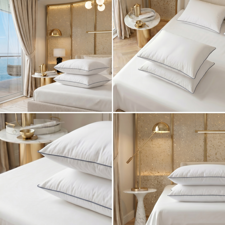 Collage of high-profile Hotel Luxus pillows and their grey piping