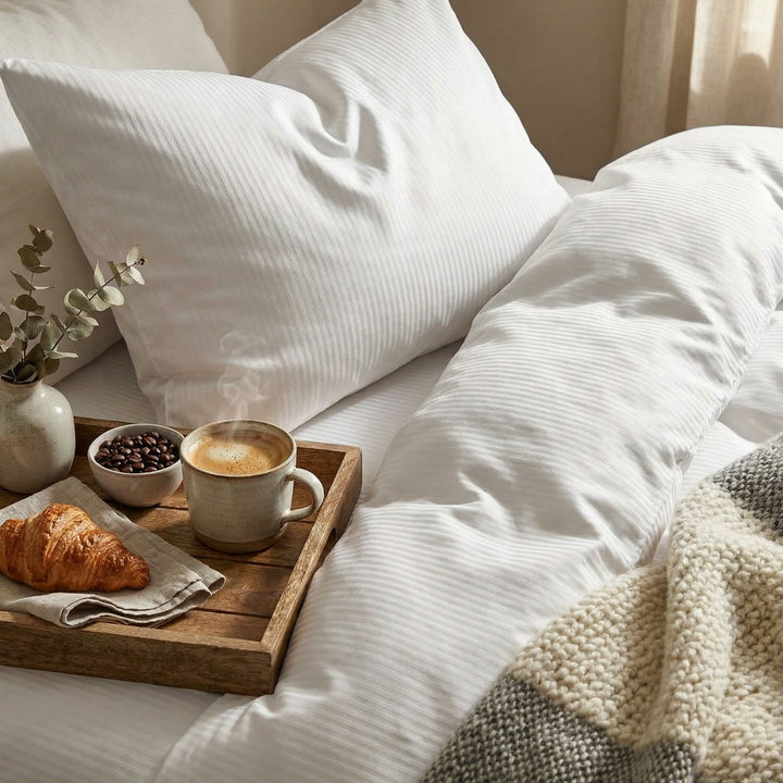 White Verona bed linen and a breakfast tray on a bed