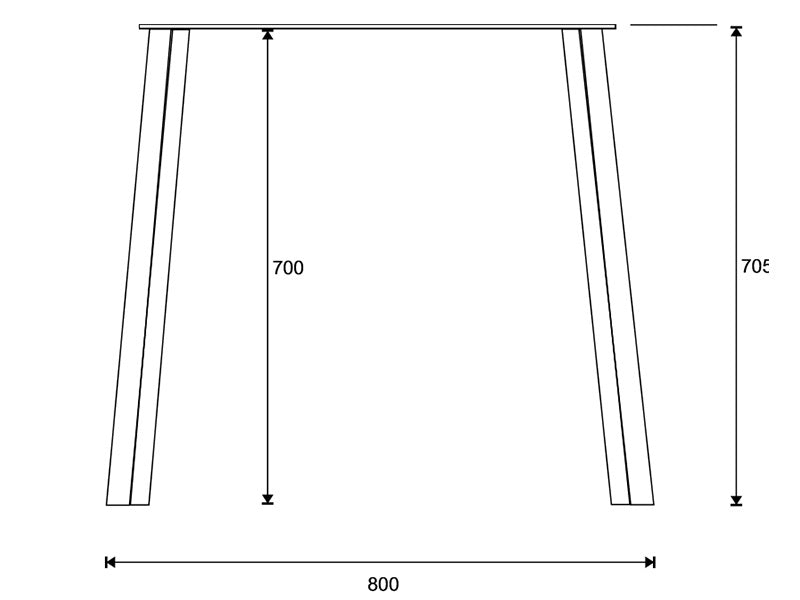 Corner Base -pöydänjalan mittapiirros: leveys 800 mm, korkeus ilman kiinnityslevyä 700 mm ja kokonaiskorkeus 705 mm