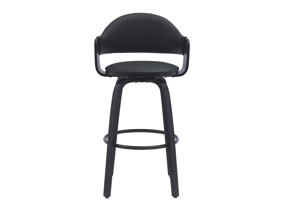 Black Magne bar stool from the front with a curved backrest and circular footrest