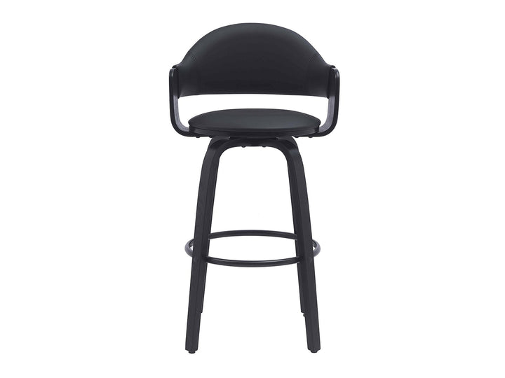 Black Magne bar stool from the front with a curved backrest and circular footrest
