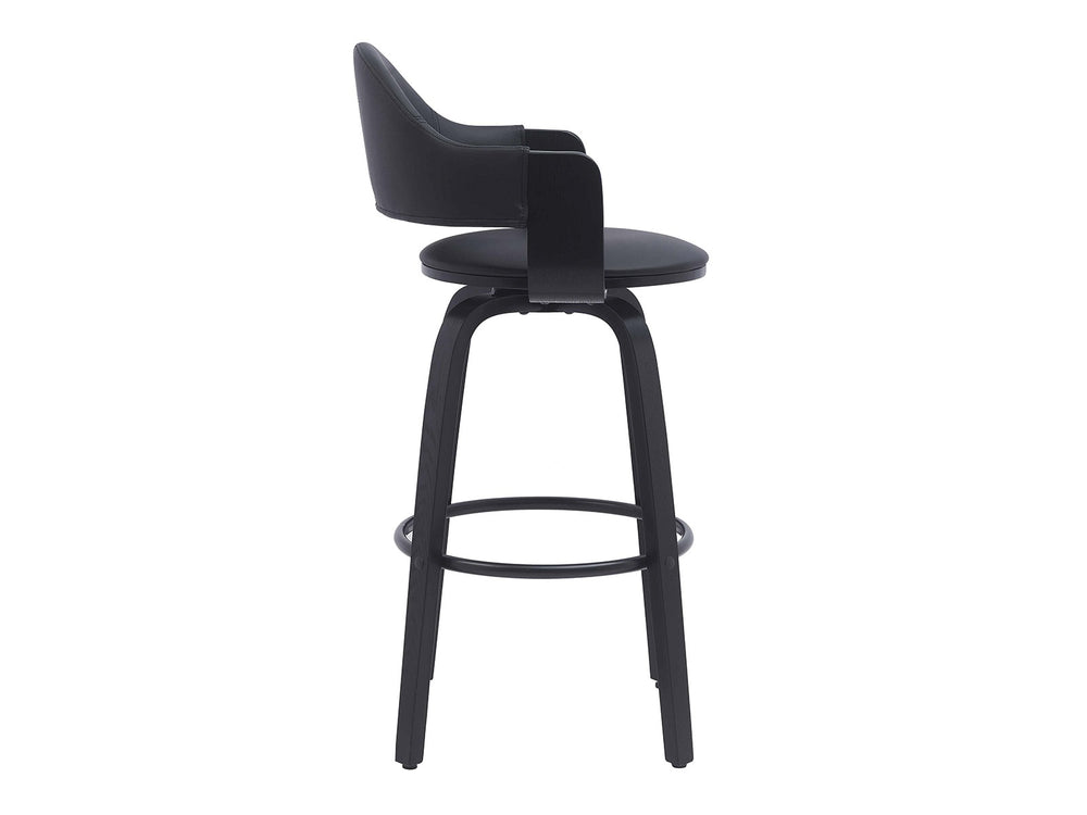 Black Magne bar stool from the side with a curved backrest and circular footrest