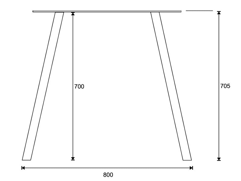 Slanting Base -pöydänjalan mittapiirros: leveys 800 mm, korkeus ilman kiinnityslevyä 700 mm ja kokonaiskorkeus 705 mm