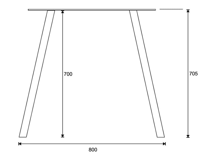 Slanting Base -pöydänjalan mittapiirros: leveys 800 mm, korkeus ilman kiinnityslevyä 700 mm ja kokonaiskorkeus 705 mm
