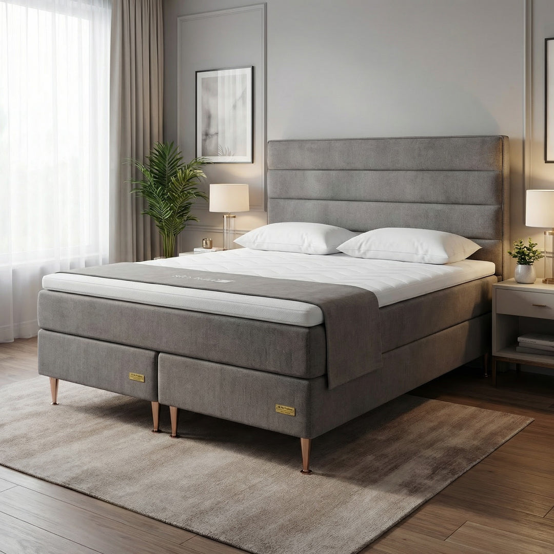 Harmaa No Problem Hotel Luxus 3 -jenkkisänky makuuhuoneessa, korkea vaakapehmustettu pääty