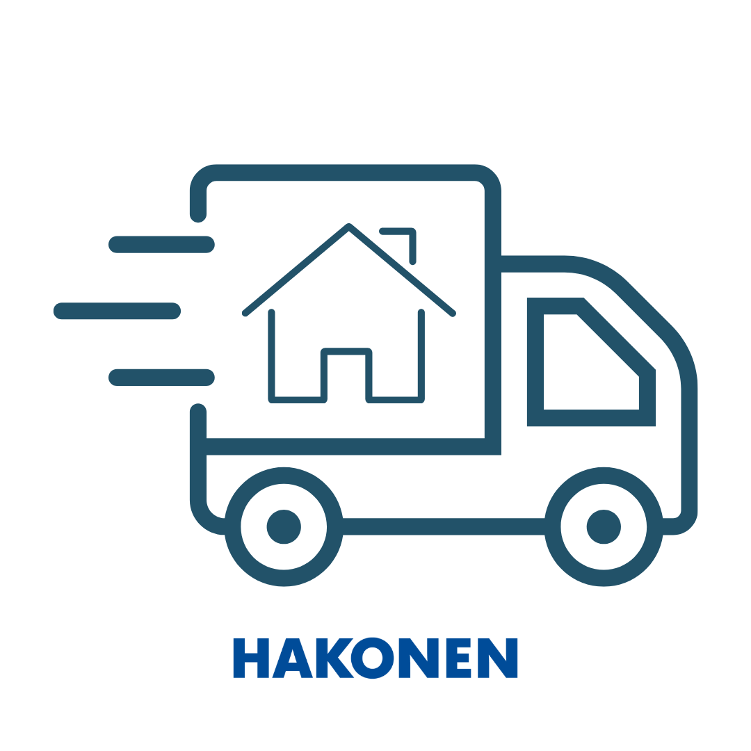 Hakonen-kotiinkuljetuksen tunnus: kuljetusauto ja talon ääriviivat