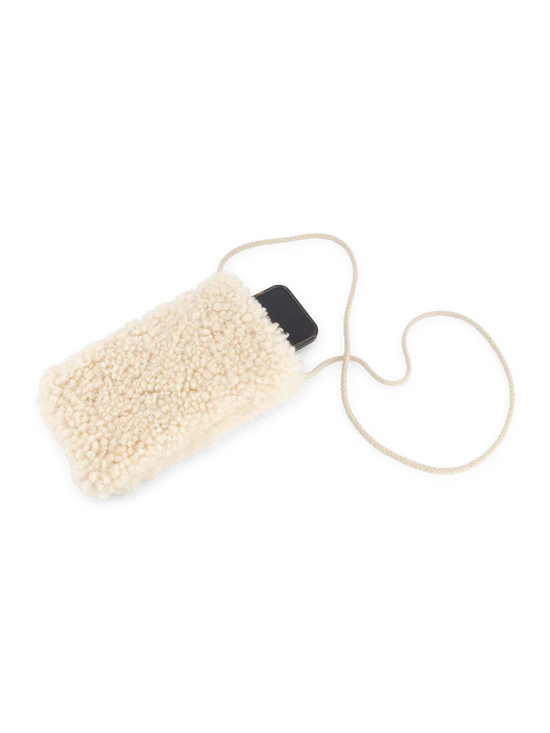 White KYWIE sheepswool phone pouch with a long cord-like shoulder strap