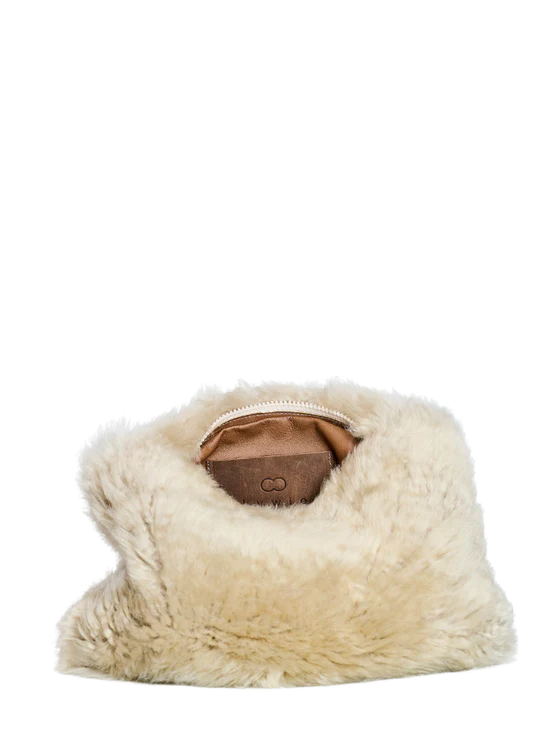 KYWIE Stone sheepswool bag open from above showing its brown lining