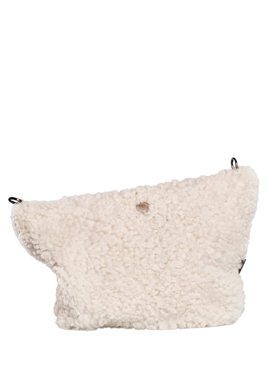 White curly-textured KYWIE sheepswool bag without an attached shoulder strap