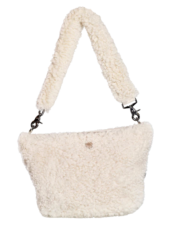White KYWIE sheepswool bag with a wide wool-covered shoulder strap