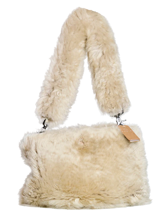 Light KYWIE Stone sheepswool bag with a wide long-haired shoulder strap