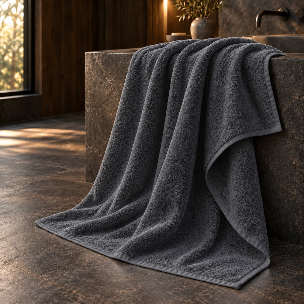 Tummanharmaa Luxury Line -jättipyyhe, 100 × 180 cm, allastasolta lattialle laskeutuvana tummassa spa-kylpyhuoneessa. Muhkea puuvillafrotee ja viimeistelty reuna.