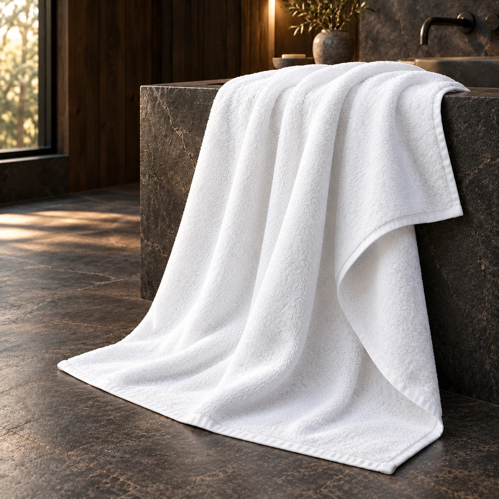 Valkoinen Luxury Line -jättipyyhe, 100 × 180 cm, allastasolta lattialle laskeutuvana tummassa spa-kylpyhuoneessa. Muhkea puuvillafrotee ja viimeistelty reuna.