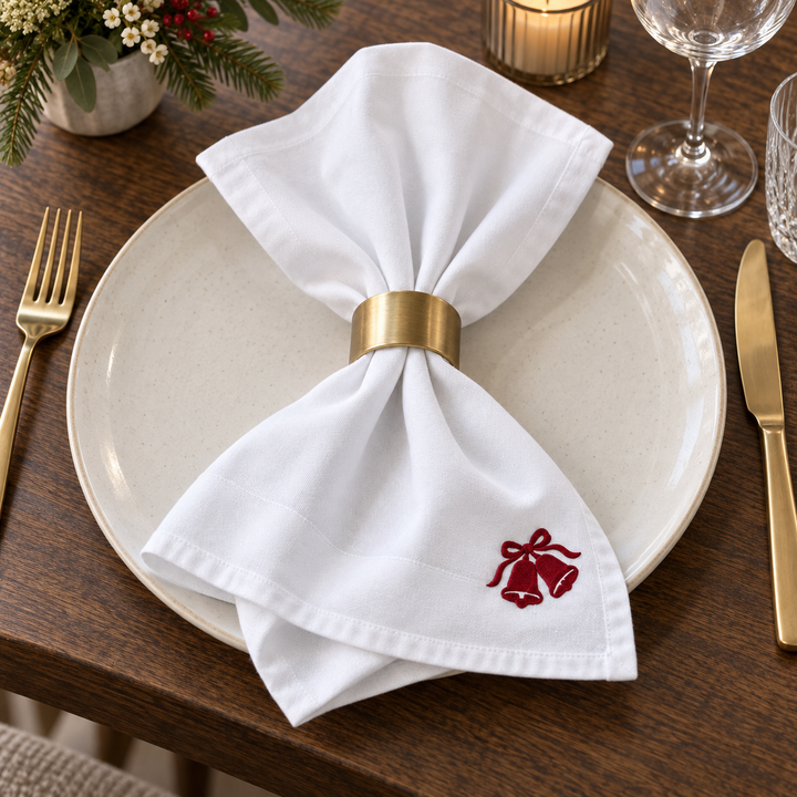 White napkin with red embroidered Christmas bells, loosely gathered with a gold-coloured ring on a plate.