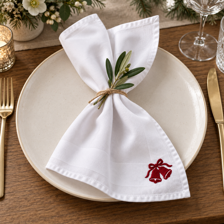 White napkin embroidered with red Christmas bells, tied with twine and a green sprig on a plate.