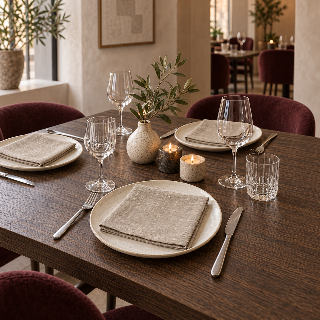 Light No Problem Luxus linen napkins in a restaurant table setting with ceramic plates and glassware.