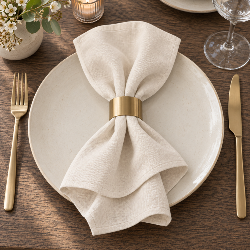 Beige Panama napkin gathered with a gold-coloured napkin ring on a plate in a wooden-table setting.